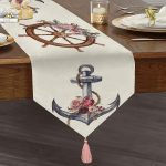 Beyaz Zeminde Sade Çapa Tasarımlı Dijital Baskılı Dekoratif Püsküllü Şönil Üçgen Runner Realhomes