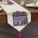 Minyatür Mor Ev Çizimli Dijital Baskılı Modern Püsküllü Şönil Üçgen Runner Realhomes