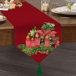 Bordo Zemin Çam Yapraklı Mum Tasarımlı Dijital Baskılı Dekoratif Püsküllü Şönil Üçgen Runner Realhomes