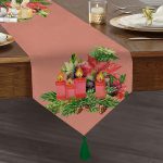 Pembe Zemin Çam Yapraklı Mum Tasarımlı Dijital Baskılı Modern Püsküllü Şönil Üçgen Runner Realhomes