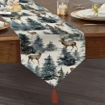 - UcgenRunner-10347-Gorsel1 - Realhomes Suluboya Çam Ağacı & Geyik Tasarımlı Dijital Baskılı Modern Püsküllü Şönil Üçgen Runner Realhomes