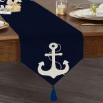 Realhomes Lacivert Zeminli Çapa Desenli Dijital Baskılı Özel Tasarım Püsküllü Şönil Üçgen Runner Realhomes