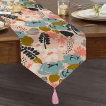 Realhomes Pudra Zemin Üzerinde Onedraw Çizimli Yaprak Desenli Dijital Baskılı Özel Tasarım Püsküllü Şönil Üçgen Runner Realhomes