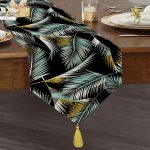 - UcgenRunner-7303-Gorsel1 - Realhomes  Realhomes Siyah Zemin Üzerinde Yaprak Desenli Dijital Baskılı Özel Tasarım Püsküllü Şönil Üçgen Runner Realhomes