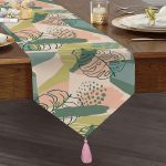 Realhomes Soft Renkli Zemin Üzerinde Onedraw Çizimli Yaprak Motifli Dijital Baskılı Özel Tasarım Püsküllü Şönil Üçgen Runner Realhomes