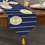 Realhomes Lacivert Zemin Üzerinde Çapa Çizimli Dijital Baskılı Özel Tasarım Püsküllü Şönil Üçgen Runner Realhomes