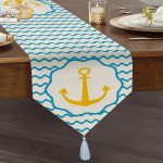 Realhomes Beyaz Zemin Üzerinde Çapa Desenli Dijital Baskılı Özel Tasarım Püsküllü Şönil Üçgen Runner Realhomes