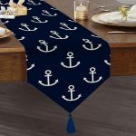 Realhomes Lacivert Zemin Üzerinde Çapa Desenli  Dijital Baskılı Özel Tasarım Püsküllü Şönil Üçgen Runner Realhomes