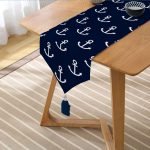 Realhomes Lacivert Zemin Üzerinde Çapa Desenli  Dijital Baskılı Özel Tasarım Püsküllü Şönil Üçgen Runner Realhomes