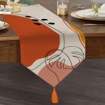 Realhomes Pastel Zemin Üzerinde Yaprak Desenli Dijital Baskılı Özel Tasarım Püsküllü Şönil Üçgen Runner Realhomes