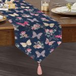 Realhomes Renkli Zemin Üzerinde Kelebek Desenli Dijital Baskılı Özel Tasarım Püsküllü Şönil Üçgen Runner Realhomes