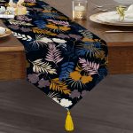 - UcgenRunner-8501-Gorsel1 - Realhomes Realhomes Siyah Zemin Üzerinde Renkli Yaprak Desenli Dijital Baskılı Özel Tasarım Püsküllü Şönil Üçgen Runner Realhomes