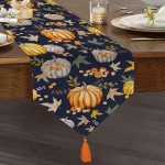 Realhomes Renkli Zemin Üzerinde Bal Kabağı Desenli Dijital Baskılı Özel Tasarım Püsküllü Şönil Üçgen Runner Realhomes