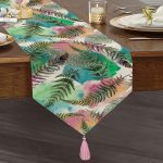 - UcgenRunner-8560-Gorsel1 - Realhomes Realhomes Beyaz Zemin Üzerinde Renkli Soyut Çizimli Yaprak Desenli Dijital Baskılı Özel Tasarım Püsküllü Şönil Üçgen Runner Realhomes