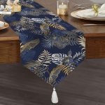 - UcgenRunner-8573-Gorsel1 - Realhomes Realhomes Mavi Zemin Üzerinde Gold Detaylı Yaprak Desenli Dijital Baskılı Özel Tasarım Püsküllü Şönil Üçgen Runner Realhomes