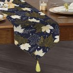 - UcgenRunner-8591-Gorsel1 - Realhomes Realhomes Renkli Zemin Üzerinde Gold Detaylı Yaprak Desenli Dijital Baskılı Özel Tasarım Püsküllü Şönil Üçgen Runner Realhomes