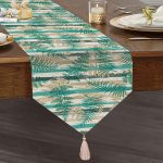 Realhomes Beyaz Zemin Üzerinde Yeşil Çizgili Yaprak Desenli Dijital Baskılı Özel Tasarım Püsküllü Şönil Üçgen Runner Realhomes