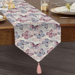 - UcgenRunner-8695-Gorsel1 - Realhomes  Realhomes Beyaz Zemin Üzerinde Renkli Kelebek Desenli Dijital Baskılı Özel Tasarım Püsküllü Şönil Üçgen Runner Realhomes