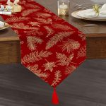 Bordo Zemin Yaprak Tasarımlı Dijital Baskılı Dekoratif Püsküllü Şönil Üçgen Runner Realhomes