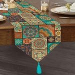 - UcgenRunner-8757-Gorsel1 - Realhomes Realhomes Renkli Zemin Üzerinde Geometrik Desenli Dijital Baskılı Özel Tasarım Püsküllü Şönil Üçgen Runner Realhomes