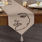 Realhomes Renkli Zemin Üzerinde Onedraw Çizimli Bayan Silüeti Dijital Baskılı Özel Tasarım Püsküllü Şönil Üçgen Runner Realhomes