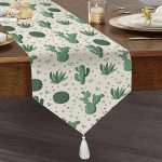 Realhomes Beyaz Zemin Üzerinde Renkli Kaktüs Desenli Dijital Baskılı Özel Tasarım Püsküllü Şönil Üçgen Runner Realhomes