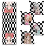 Lacivert Gold Detaylı Yaprak Tasarımlı 4 Kırlent Kılıfı ve 1 Runner Seti Realhomes