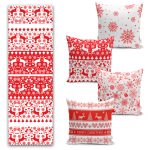 Mery Christmas Geyik Motifli 4 Kırlent Kılıfı ve 1 Runner Seti Realhomes