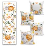 Yaprak Çizimli Kabak Temalı 4 Kırlent Kılıfı ve Runner Seti Realhomes