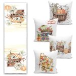 Yaprak Çizimli Kabak Temalı 4 Kırlent Kılıfı ve Runner Seti Realhomes