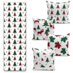 Yılbaşı Temalı Ekose Çam Ağaç Tasarımlı 4 Kırlent Kılıfı ve Runner Seti Realhomes