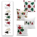 Yılbaşı Temalı Ekose Çam Ağaç Tasarımlı 4 Kırlent Kılıfı ve Runner Seti Realhomes
