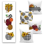 Siyah Ekose Kabak Ayçiçeği Motifli 4 Kırlent Kılıfı ve Runner Seti Realhomes