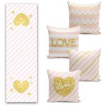 Özel Tasarım Pembe Kalpli Aşk Temalı 4 Kırlent 1 Runner Seti Realhomes