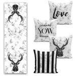 Siyah Zemin Mermer Desen Özel Tasarımlı 4 Kırlent 1 Runner Seti Realhomes