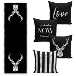 Mermer Zemin Siyah Özel Tasarımlı 4 Kırlent 1 Runner Seti Realhomes