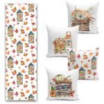 Sonbahar Temalı Kabak Motifli 4 Kırlent Kılıfı ve Runner Seti Realhomes