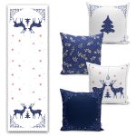 Gül Detaylı Çapa & Dümen Tasarımlı Denizci Motifli 4 Kırlent 1 Runner Seti Realhomes