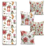 Gül Detaylı Çapa & Dümen Tasarımlı Denizci Motifli 4 Kırlent 1 Runner Seti Realhomes