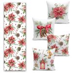 Yılbaşı Temalı Soft Kırmızı Gül Tasarımlı 4 Kırlent 1 Runner Seti Realhomes