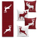 Beyaz Zemin Kırmızı Ekose Yaprak Tasarımlı 4 Kırlent 1 Runner Seti Realhomes