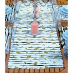 4+1 Siyah Beyaz Çizgili Altın Varaklı Yaprak Tasarımlı Amerikan Servis & Runner Seti Realhomes