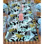 4+1 Siyah Zeminli Renkli & Altın Varaklı Yaprak Motifli Amerikan Servis & Runner Seti Realhomes