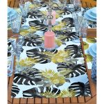 4+1 Beyaz Zeminli Gold Detaylı Yaprak Desenli Modern Amerikan Servis & Runner Seti Realhomes