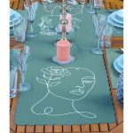 4+1 Yeşil Zemin Suret & Tüy Motifli Amerikan Servis & Runner Seti Realhomes