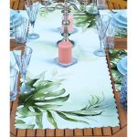 4+1 Beyaz Zemin Yeşil Tropik Yaprak Motifli Amerikan Servis & Runner Seti Realhomes