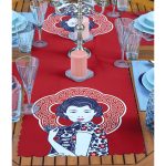 4+1 Kırmızı & Mavi Etnik Kadın Tasarımlı Amerikan Servis & Runner Seti Realhomes