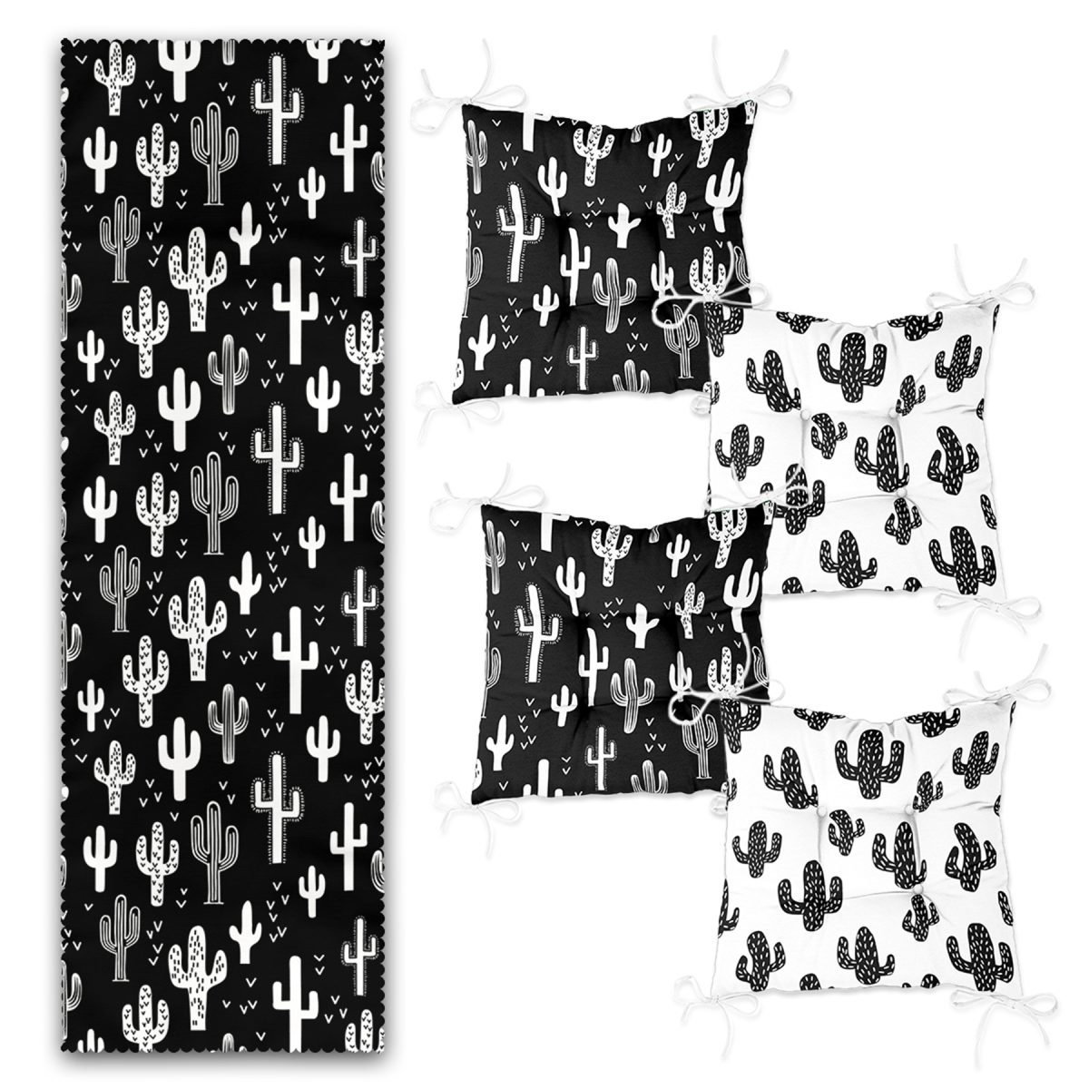 Siyah Beyaz Kaktüs Motifli 4 Pofuduk Sandalye Minderi ve 1 Runner Seti Realhomes