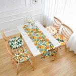 Krem Zeminli Portakal Tasarımlı 4 Yuvarlak Pofuduk Sandalye Minderi ve 1 Runner Seti Realhomes