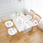 Beyaz Zemin Ortanca Çiçeği Motifli 4 Yuvarlak Pofuduk Sandalye Minderi ve 1 Runner Seti Realhomes